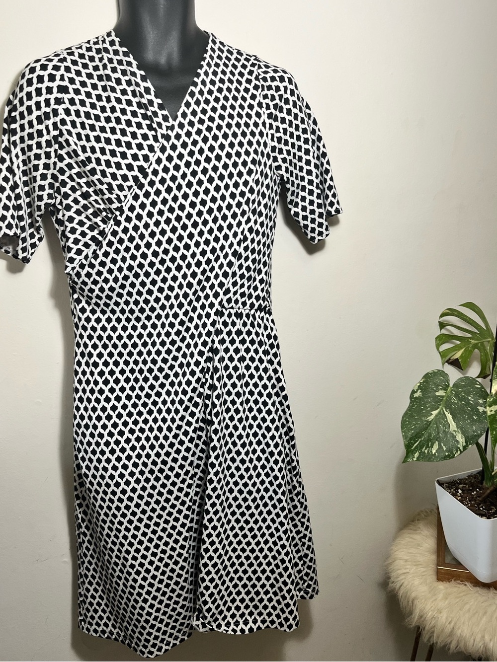 Talbots Black and White Geometric Faux-Wrap Midi Dress